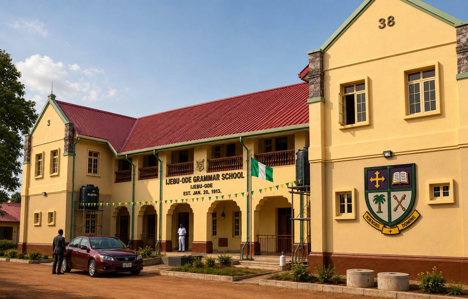 The historic main building of Ijebu-Ode Grammar School, bearing the school crest and the words Est. Jan. 20, 1913